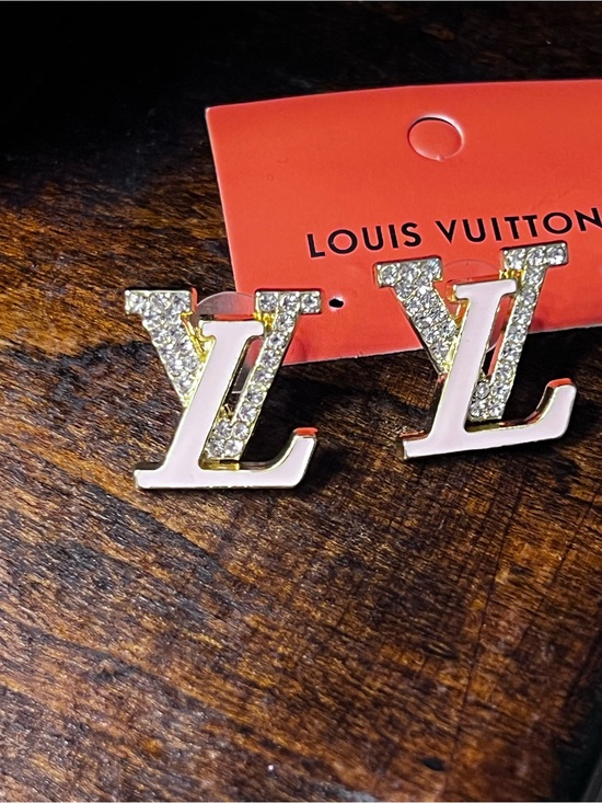 The Unbranded Brand Jewelry - Designer pink enamel and Gold with Crystal LV Logo Stud Earrings - Gold/Crystal